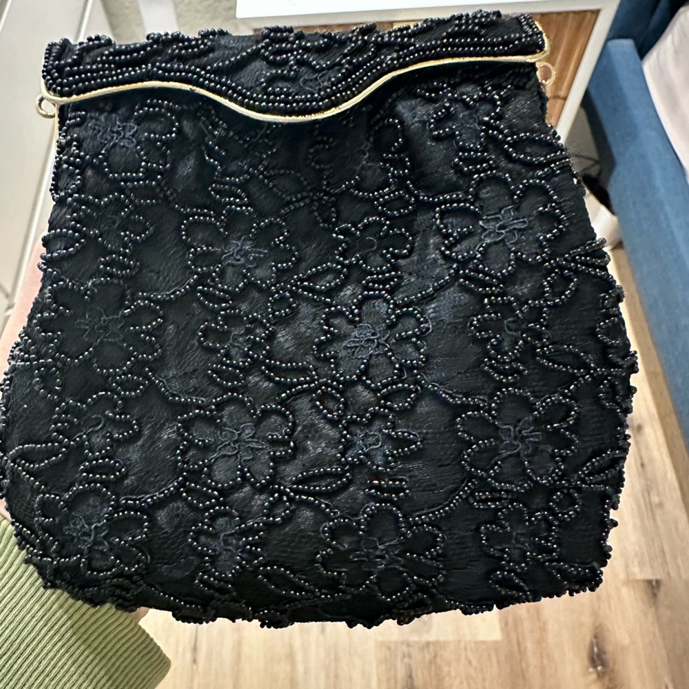 Vintage Black Beaded in Floral Pattern with Gold trim